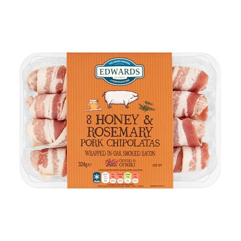 Edwards Of Conwy 8 Honey Rosemary Pork Chipolatas Wrapped In Bacon